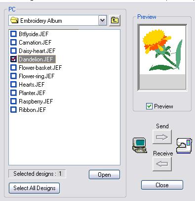 Select source folder Select designs to send Enter new name 6 Select a storage location on the sewing machine machine memory (built-in folder) or ATA PC card.