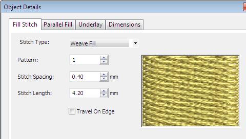 To select a Weave Fill pattern 1 Select and double-click a Weave Fill object. See Selecting objects in designs for details.