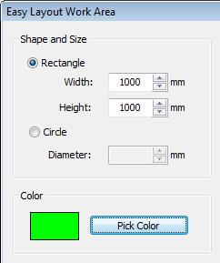 See Printing Designs for details. 2 Select either a rectangular or round work area and enter the required size. 3 Optionally click the color droplist to change the display color. Try this!