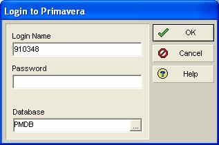 Section 1: Navigating in Project Management (P3eC) Starting Primavera Engineering & Construction Before using Primavera, the user must enter a valid login name and password.