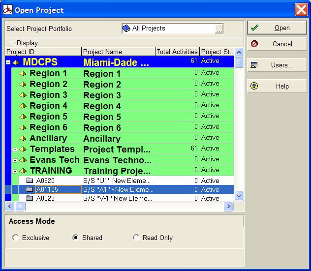 Opening an Existing Project Open Project Dialog Box Lists all the projects users have access to open. The group bands are defined by EPS by default.