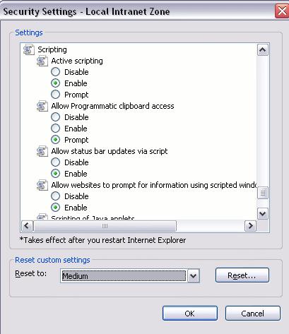 Page 20 of 20 10 Scroll down to view Scripting option. 11 Select Enable in Active scripting. 12 Select Enable in Scripting of Java applets. 13 Click OK on the Security Settings dialog box.