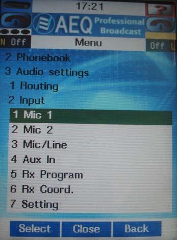 3.3.2. Input. This menu allows to configure and activate each one of the inputs of the unit ( Mic 1, Mic 2, Mic/Line, Aux In, Rx Program and Rx Coord. ).