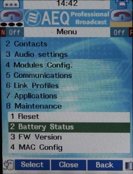3.8. Maintenance. Menu of applications associated with the internal maintenance of the equipment. 3.8.1. Reset.