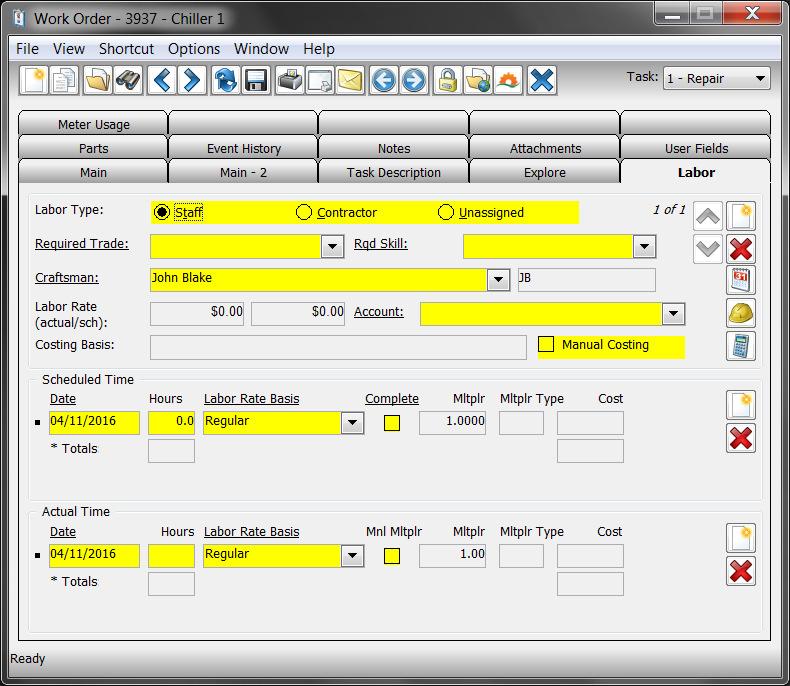 9. Click on the Labor tab to view the following: You can specify scheduled and actual labor hours for a work order.