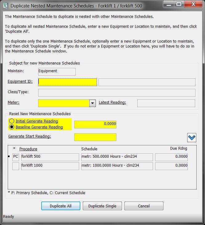 19. Double-click the 500 hour maintenance schedule to display it in the maintenance schedule detail window.