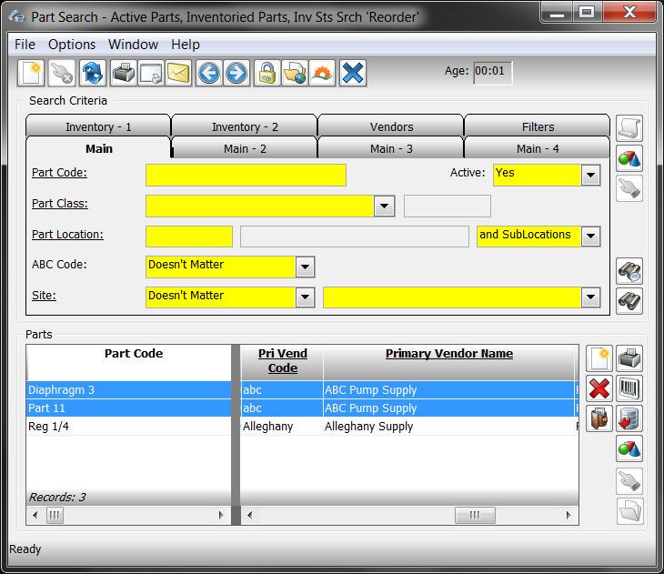 1. Horizontally scroll the results of your parts re-order inquiry to see the Primary Vendor column. Click this column header to sort the results by primary vendor.