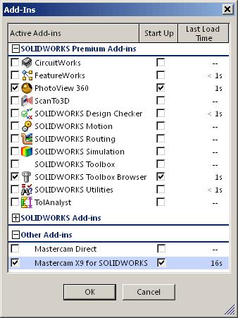 If necessary, turn on Mastercam for SOLIDWORKS, click the flyout of Options on the Standard