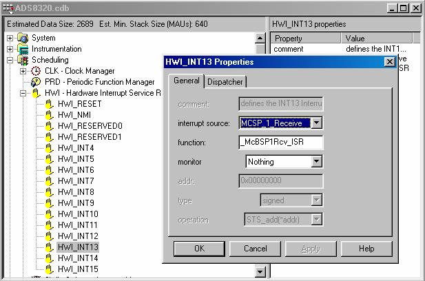 3.2 HWI Setup The only remaining item to set up via the configuration tool is the McBSP receive Hardware Interrupt. 1. Chose to map the McBSP1 Receive interrupt to HWI_INT13.