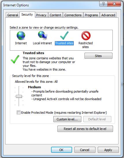 2 Enabling ActiveX and plug-ins to Trusted Zone 2.1 Click on Trusted Sites.