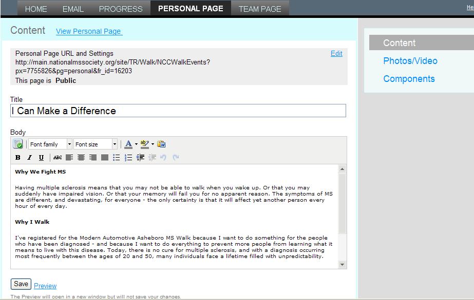 Setting up your personal webpage STEP 1: From My Participant Center select the PERSONAL PAGE button.