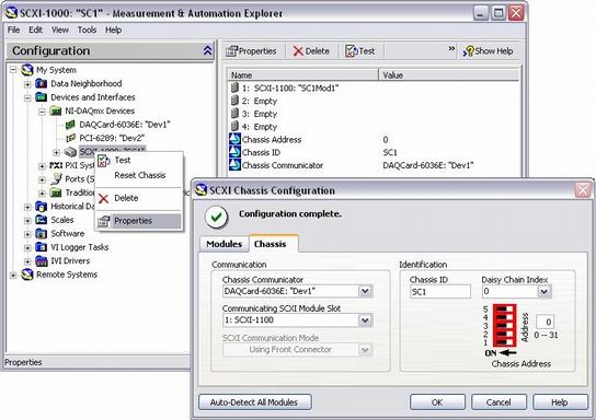 Q: How do I configure my SCXI modules using NI-DAQmx? A: You can still set SCXI module properties in MAX by selecting NI-DAQmx Devices, right-clicking the SCXI chassis, and selecting Properties.