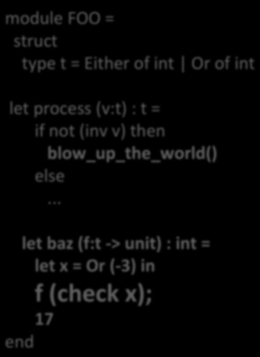 A simple program module type FOO = val create : int -> bool -> t val item : t val process : t -> t val baz : (t -> unit) -> int.