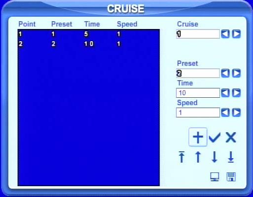 Here users can set cruise track, as Fig 3.27 Set Cruise. Choose the preset, set stay time of every preset. Click + button to add the preset to the left preset for cruise track. Fig 3.27 Set Cruise STEP5 Select a preset in left preset list, click button to delete the preset.