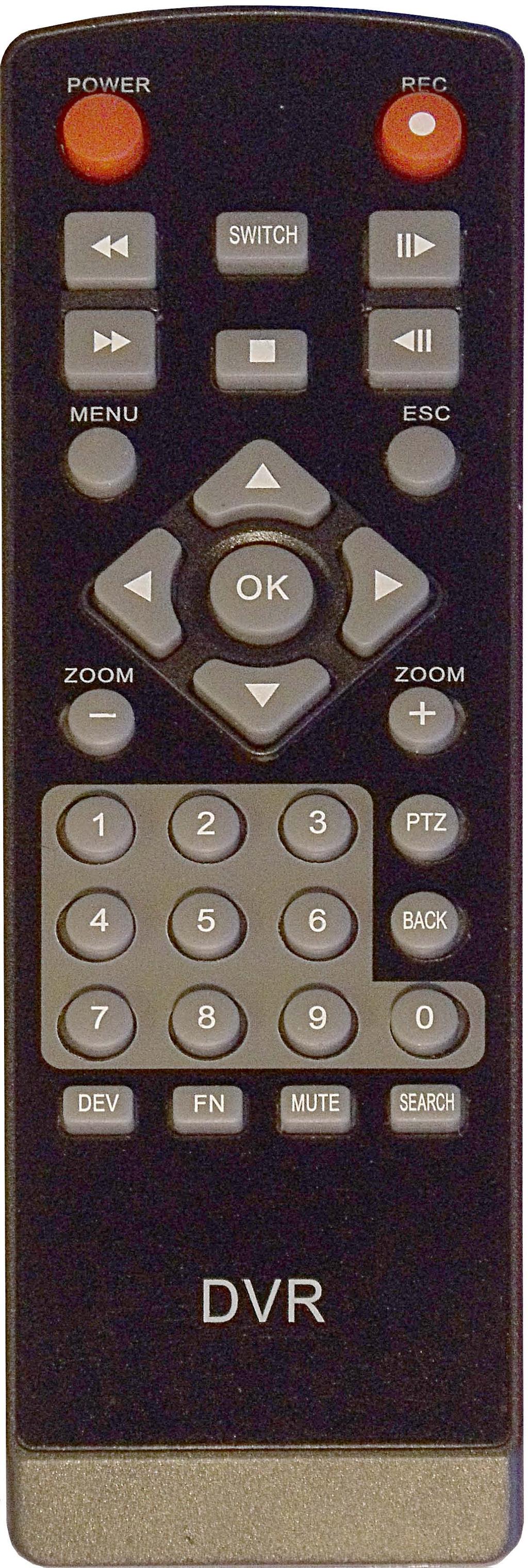 2. INFRARED REMOTE Keypad Key Description POWER Power DVR On/Off Record button; Display the Record Mode window SWITCH Switch between 1 or 4-window monitor display Slow video playback Fast video