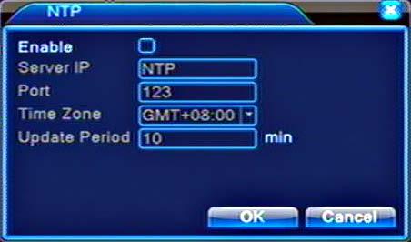 SERVER IP Use the mouse cursor, left mouse button and soft keypad to input the IP address for the installed NTP server. PORT Default is 123. The port can be set according to the NTP server.