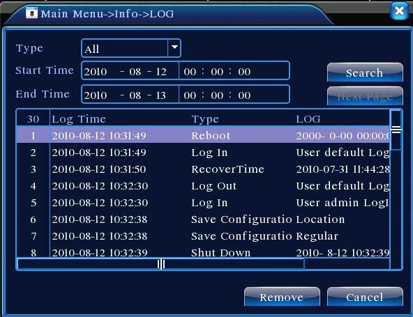 Log message types include system, configuration, storage, alarm event, weekday, account and playback. a. TYPE Use the drop-down menu to select the specific message type or select ALL for all message types.