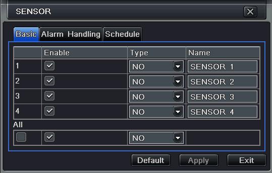 4.5.1 Sensor (to setup optional external motion sensors) Sensor includes three sub menus: basic, alarm handling and schedule.