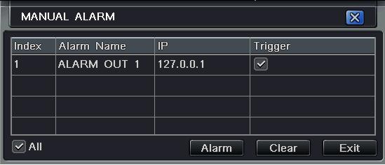 6.1.2 Manual Alarm In this interface, user can check the relevant parameters of manual alarm; refer to Fig 6-6: 6.1.3 Disk Manager Fig 6-6 Manual Alarm Step 1: Enter into disk manager interface; refer to Fig 6-7: Fig 6-7 Disk Manager Note: please format the hard disk before record.
