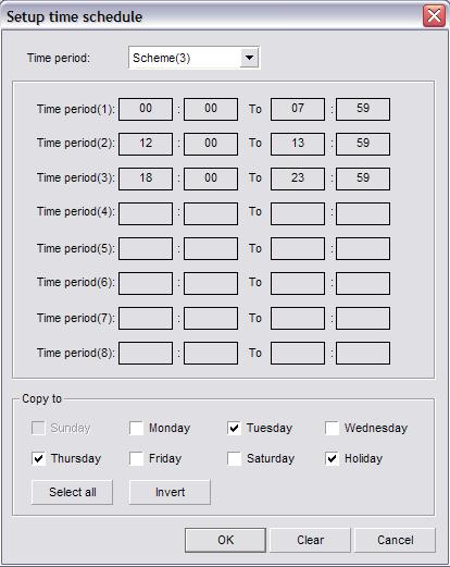 (Fig. 3-4) The Time Period drop down box will allow you to apply any of the 16 different time schemes. To apply the time scheme to any day simply check the box next to the day.