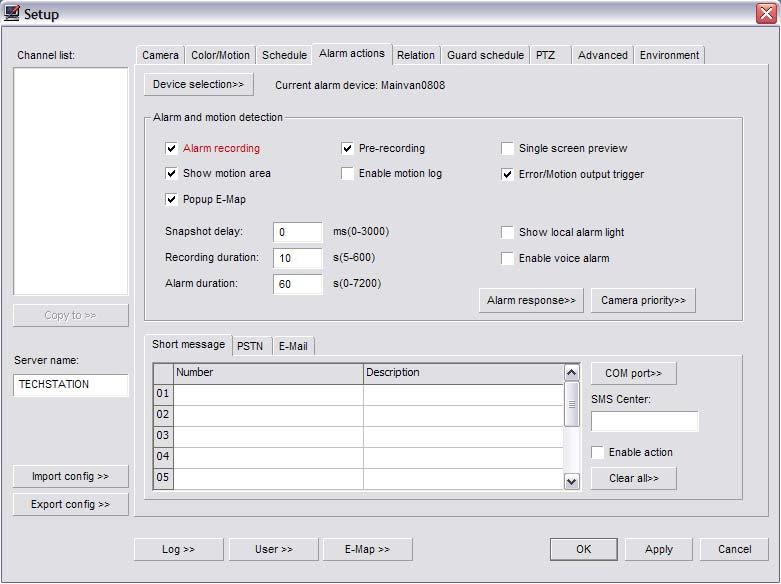 Alarm Actions Tab (Fig. 3-7) (Fig. 3-7) The Device Selection button will bring up the Device Select dialog box. (Fig. 3-8) Select your supported alarm relay controller from the Type drop down box.