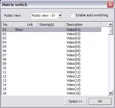 (Fig. 4-8) The Option button will open the Matrix Control Info dialog box for the currently selected video channel number. (Fig.