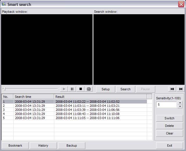 (Fig. 6-10 To start a Smart Search select the Setup button. The Setup dialog box will appear. (Fig. 6-11) Select the video channel you want to search through using the Channel drop down box.