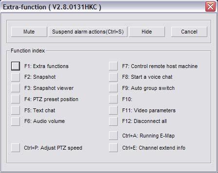 (Fig. 7-10) Extra Functions Snapshot F1: This button will bring up the Extra Functions dialog box. (p. 70)(Fig. 7-10) F2: This button will ta ke a still image of the currently selected video channel.