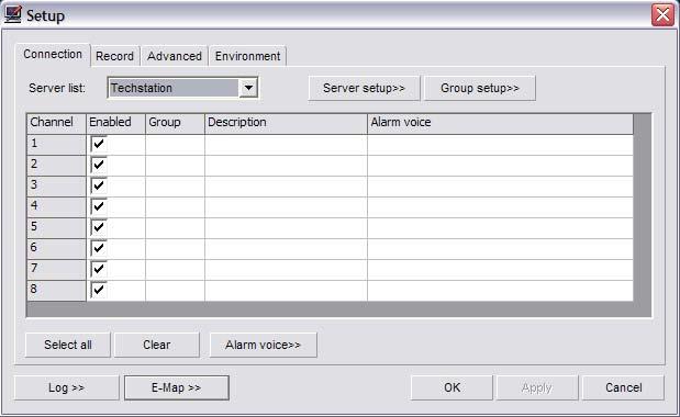 (Fig. 7-16) Connection Tab The Connection t ab is where the remote client connections are configured. Select the desired server from the Server List drop down box.