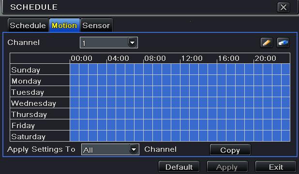 4.4.2 Motion This tab allows to setup schedule for motion based recording. Step1: Enter into Menu Setup Schedule Motion tab.