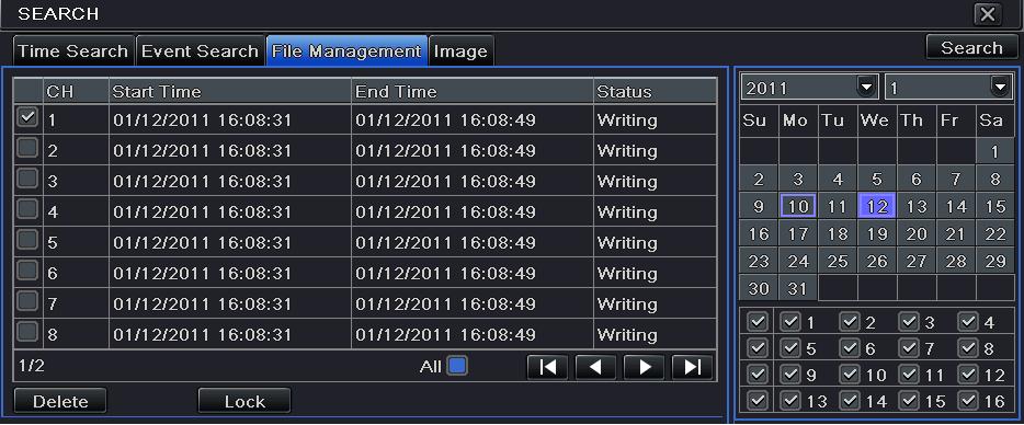 Fig 5-3 Search Configuration-File Management Step 2: Select date and channels. The date with highlighted borderline indicates presence of data.