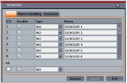 4.4.3 Sensor Schedule DVR User Manual This tab allows to set schedule for sensor based recording. The setting steps are as follows: Step 1: Enter into Menu Setup Schedule Sensor interface.