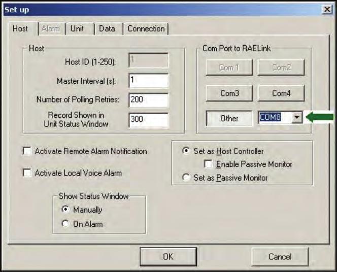 Figure 5. Selecting COM Port. When using a serial-to-usb adapter, the operating system may assign a different number to the port in use.
