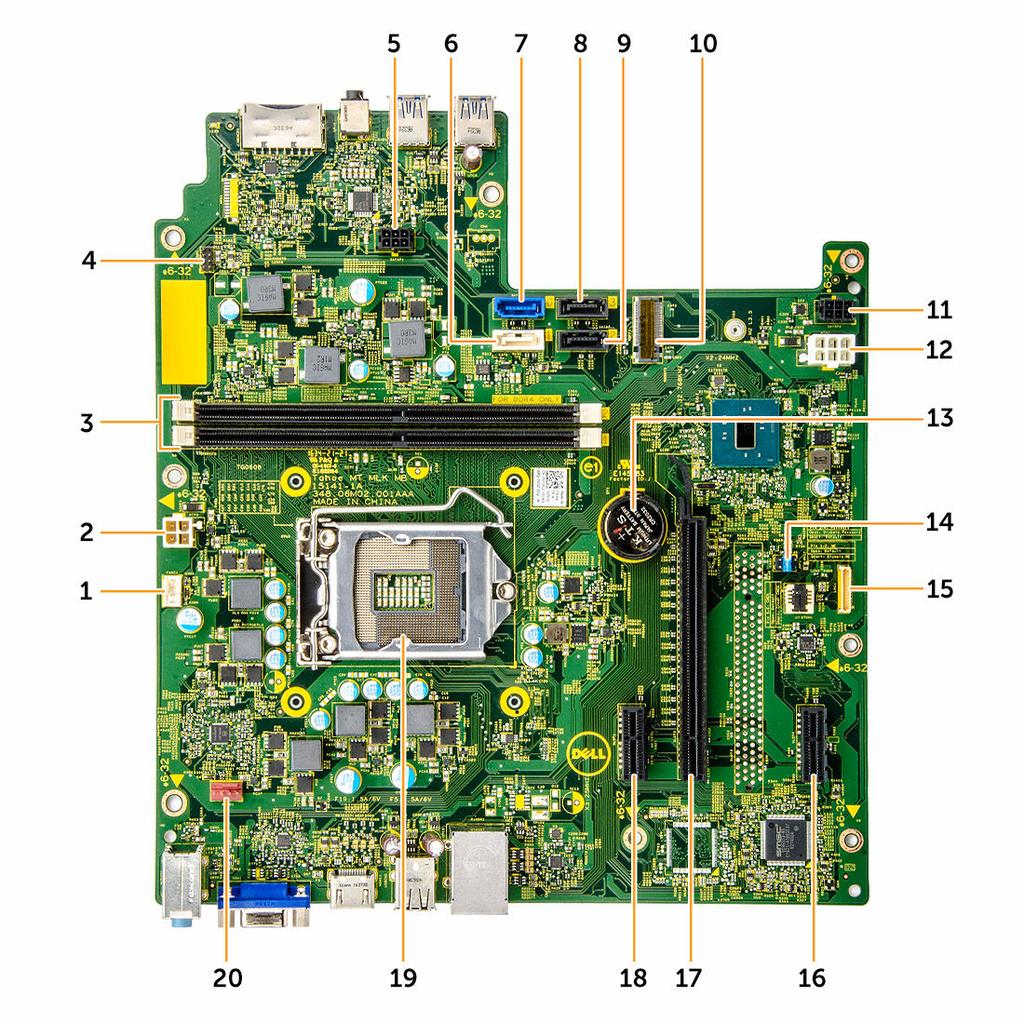 System board layout 1 CPU fan connector 2 PSU connector 3 Memory module connectors 4 Power switch connector 5 SATA power connector 1 6 SATA1/optical drive connector 7 SATA0 connector 8 SATA3