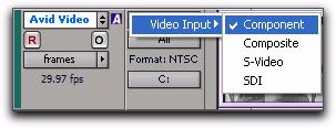5 In the Edit window, with I/O View enabled, use the video track's Input Selector to choose one of the following video inputs: Component Composite S-Video SDI (AVoption V10 only) Selecting Video