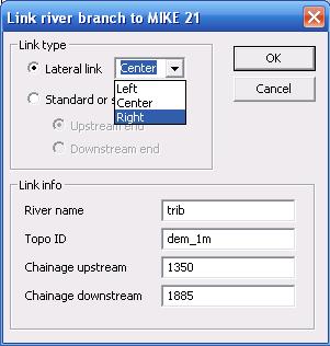 Modelling of River Flooding Figure 6: The lateral linkage tool 3. This first link is between the tributary stream and the left over bank floodplain area of the MIKE 11 river branch called TRIB.