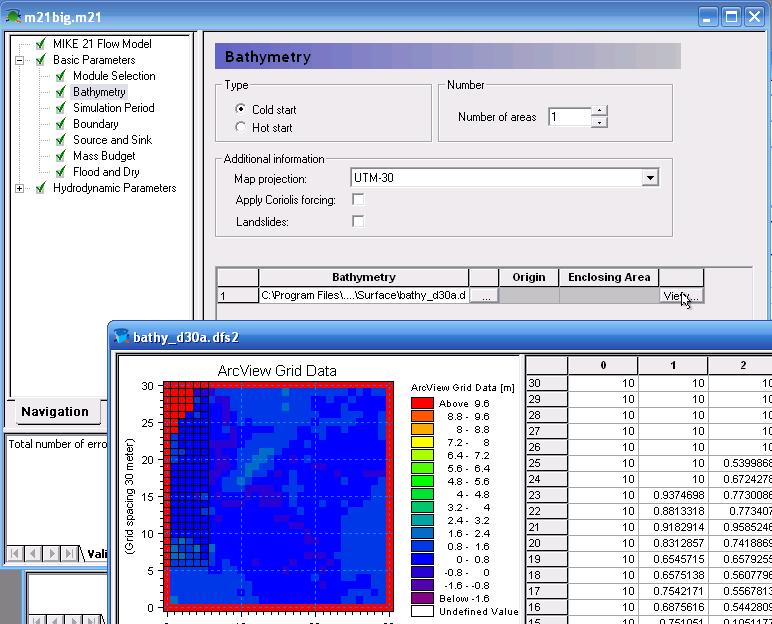 MIKE FLOOD example SETUP Figure 4: Access to the grid file used to describe the floodplain is gained through the MIKE 21 interface.