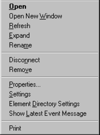 Element Directory Menus Click on an element with the right mouse button in the Element Directory to open a pull-down menu: Menu for IP connections Depending on the element, some of these options may