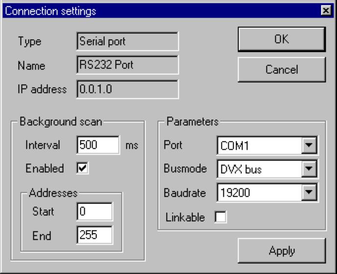 Connection Settings The Connection settings window for an IP connection does not contain the Addresses and Parameters sections.