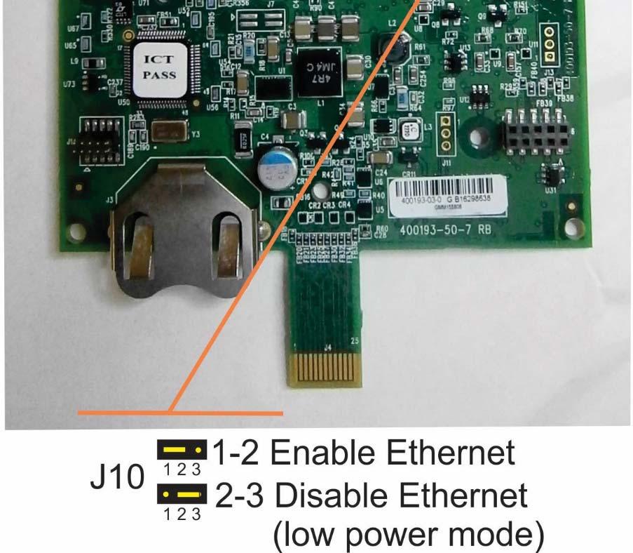 Jumper J10 on the CPU module determines whether Ethernet is enabled or Ethernet is disabled (lower power mode).