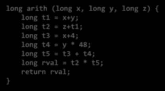 Example: arith long arith (long x, long y, long z) { long t1 = x+y; long t2 = z+t1; long t3 = x+4; long t4 = y *