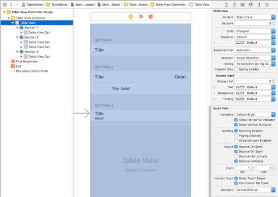 Table View Attributes TableView Content: Static Multiple sections Fixed number