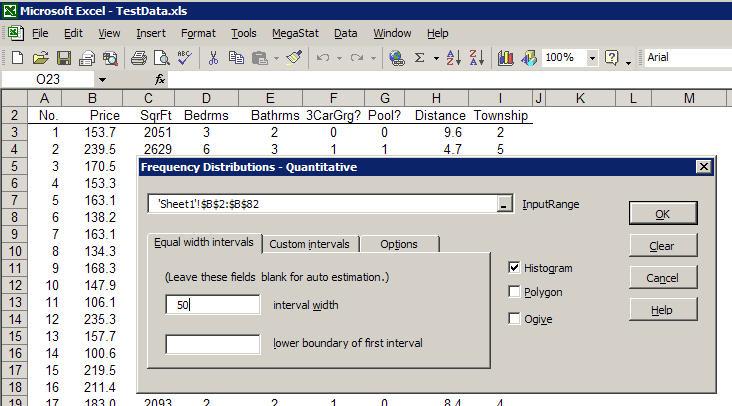 All of the data in column B is selected. f. Type 50 in the Interval width box and click each of the checkboxes. Click OK.
