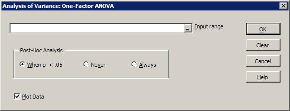 Analysis of Variance One-Factor ANOVA Within the input range each column will be considered a group.
