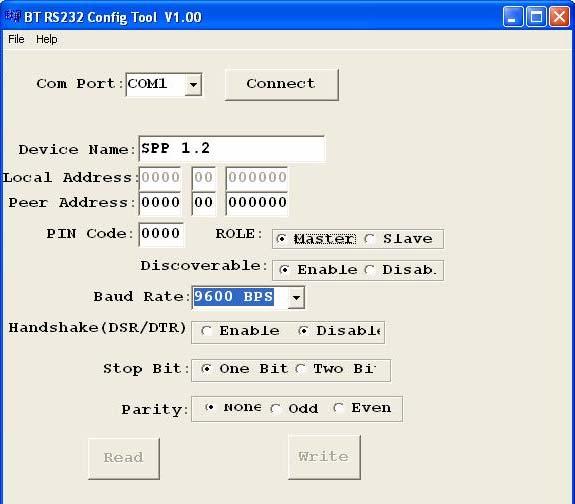 RT-132B Config Tool Parameters Configuration After double click the icon of BT1 as BT RS232 Config Tool, the configuration screen will be pop-up as the above picture. A. COM Port Select COM port number, you have to avoid the port conflict with other device in computer and use available port number B.