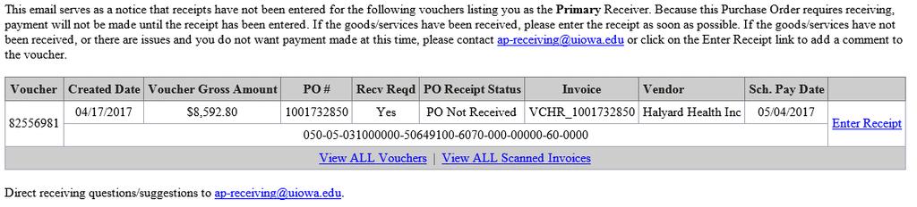 AP/PO Voucher Email Follow-up The Receiving application will generate