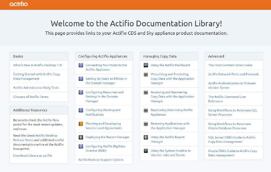 Product Documentation At the far right of the Bottom Strip is an open-book icon that links to the comprehensive Actifio Documentation Library.