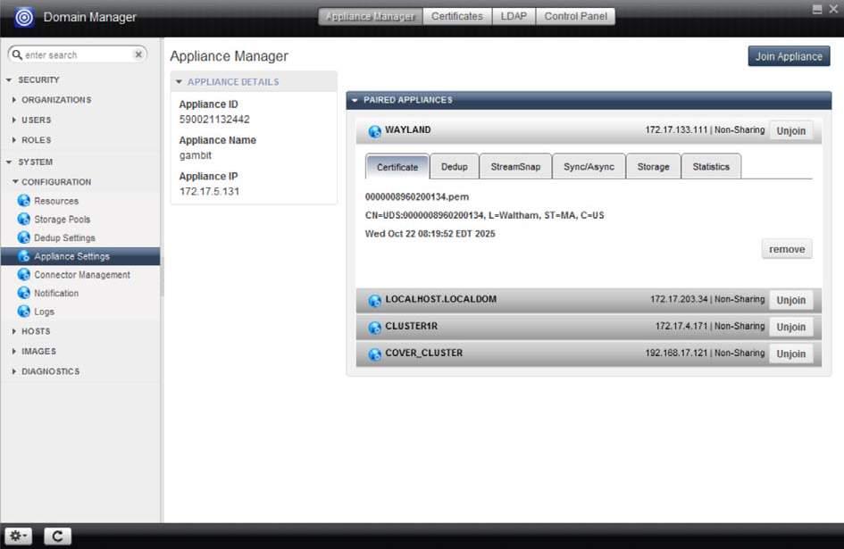 Domain Manager Appliance Settings The appliance settings option displays other Actifio appliances to which the current appliance is joined.