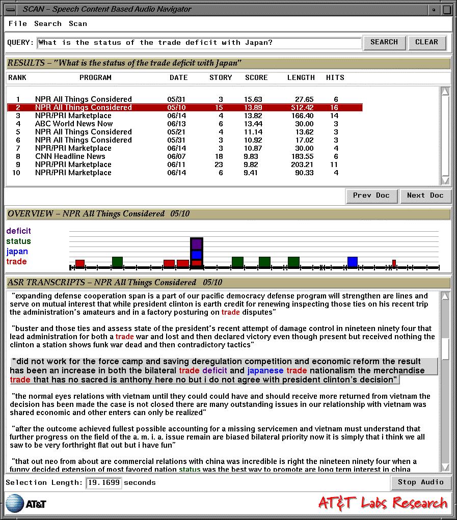 3.2 Overview The Overview component provides high level visual information about individual speech documents. Users can rapidly scan this to locate potentially relevant audio regions.