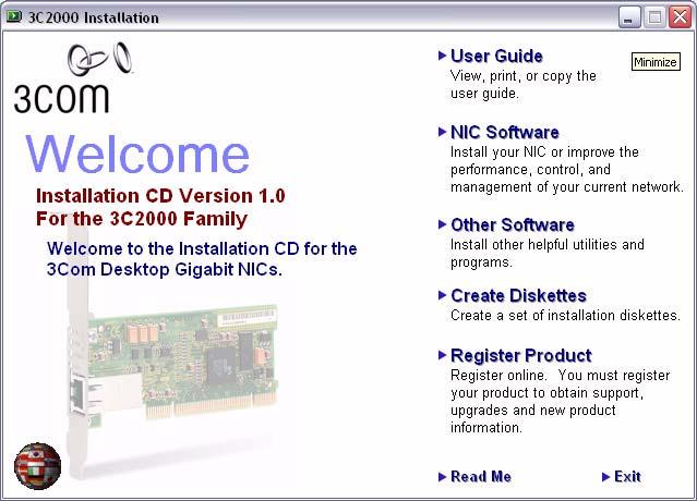 2 Installing and Connecting the NIC Using the Master Navigator When you allow the Windows autorun feature to launch the Welcome Screen of the 3Com Master Navigator, you can select from the options